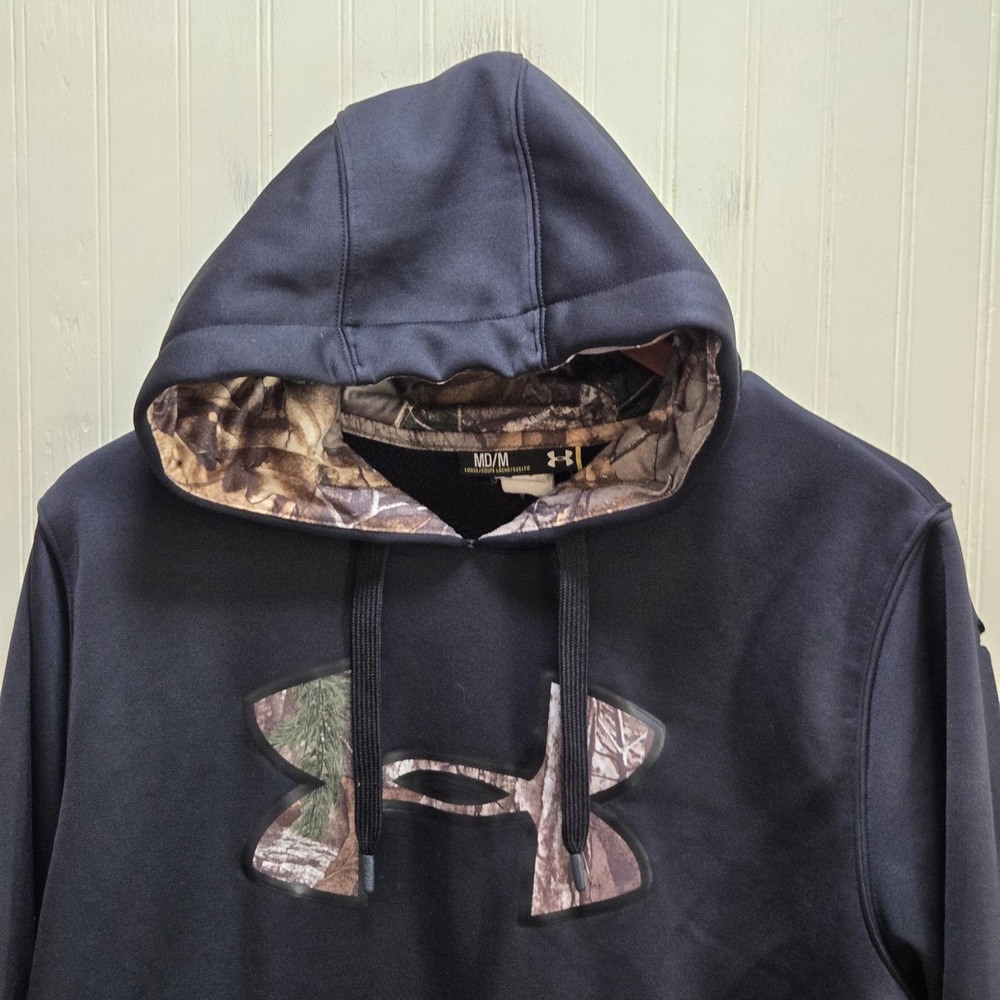 Under Armour Hoodie Mens Medium Black Storm Camo Logo Fleece Hunting Pullover